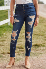 Load image into Gallery viewer, Distressed Button Fly Raw Hem Jeans Pants
