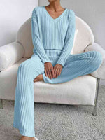 Load image into Gallery viewer, Ribbed V-Neck Long Sleeve Top and Pants Set
