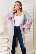 Load image into Gallery viewer, Woven Right Fringe Sleeve Dropped-Shoulder Cardigan – Cozy Chic Fall Layer
