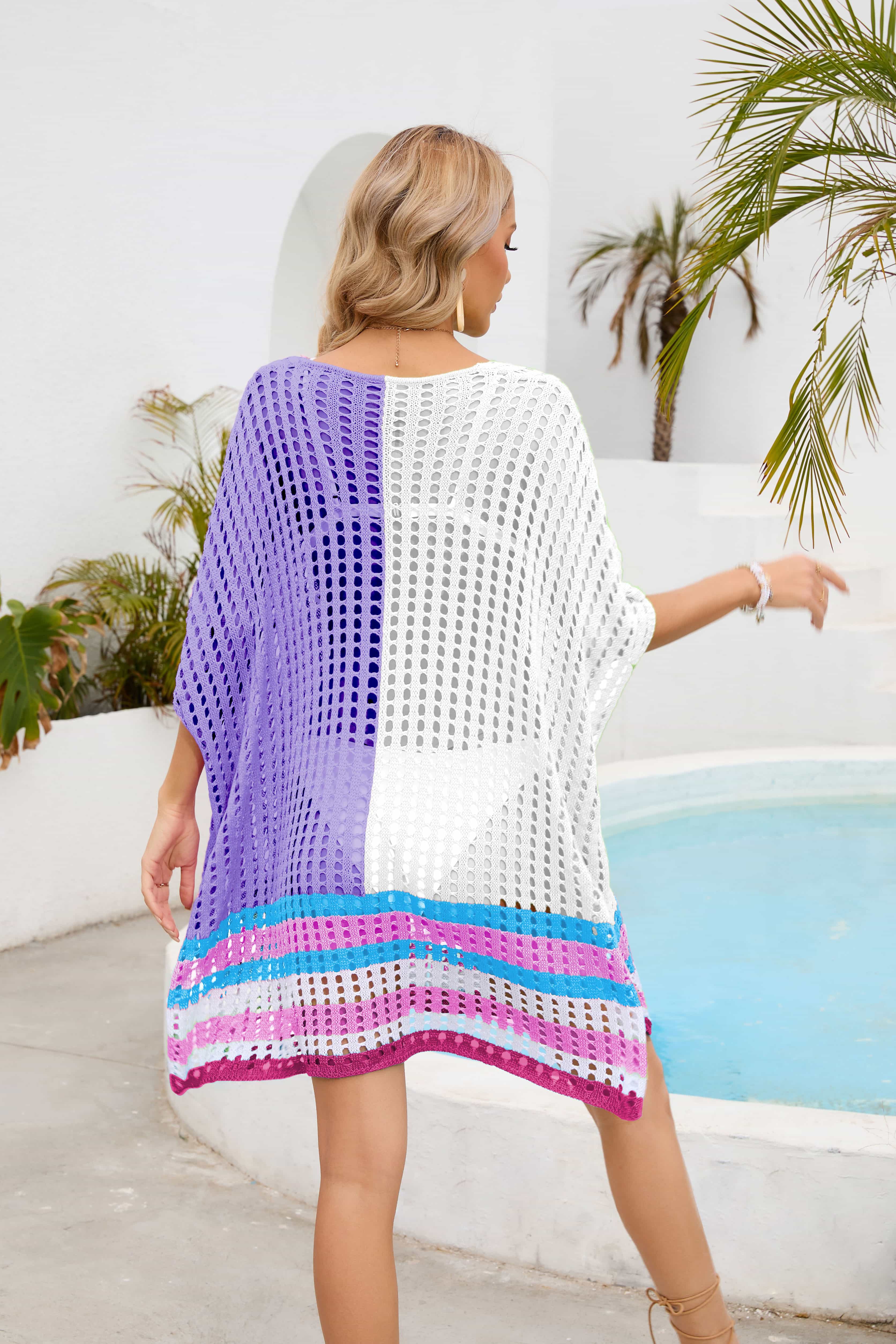 Contrast Openwork Half Sleeve Scoop Neck Cover-Up