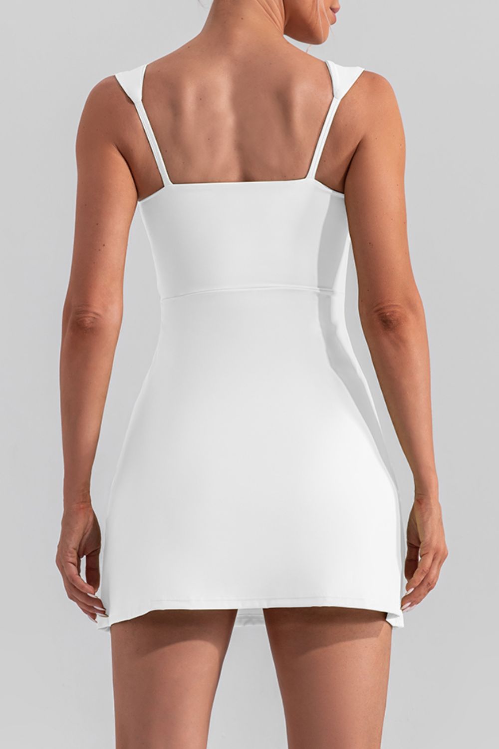 Square Neck Sleeveless Mini Active Dress with Slit – Available in Black, White, Gum Leaf, and Dusty Pink