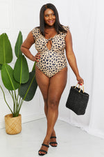 Load image into Gallery viewer, Seashell Ruffle Sleeve One-Piece in Leopard
