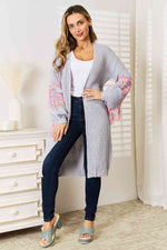 Load image into Gallery viewer, Woven Right Fringe Sleeve Dropped-Shoulder Cardigan – Cozy Chic Fall Layer
