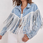 Load image into Gallery viewer, Fringe Detail Collared Neck Long Sleeve Denim Jacket
