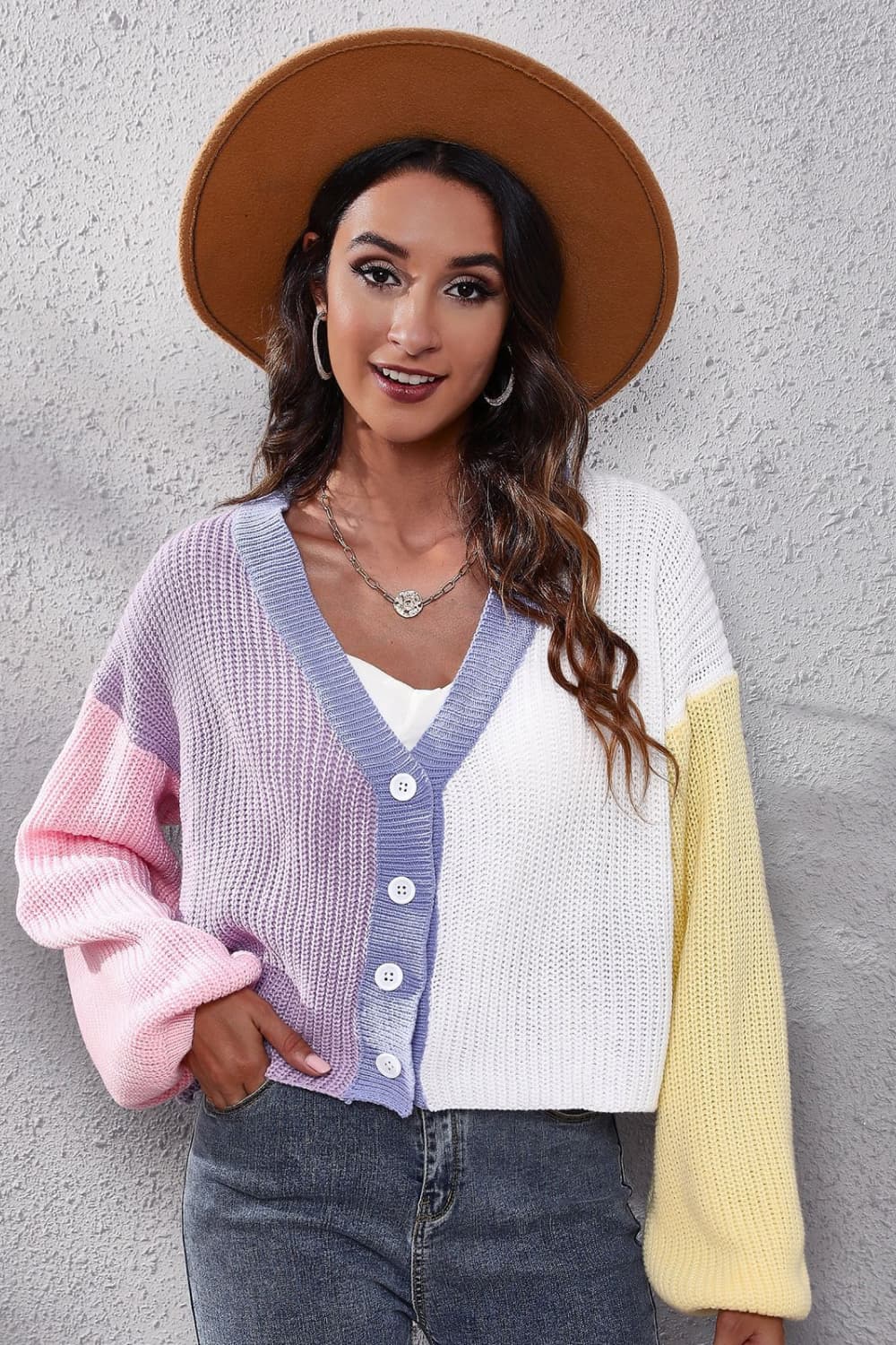 Color Block Ribbed Plunge Neck Cardigan