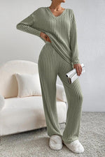 Load image into Gallery viewer, Ribbed V-Neck Top and Pants Set

