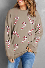 Load image into Gallery viewer, Sequin Candy Cane Round Neck Sweatshirt
