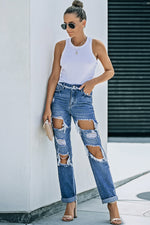 Load image into Gallery viewer, Distressed Frayed Trim Straight Leg Jeans Pants
