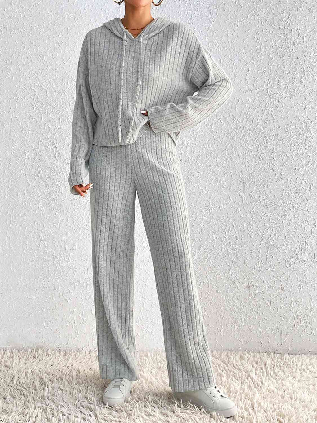Ribbed Knit Cropped Hoodie & Wide-Leg Pants Set | Loungewear Co-ord