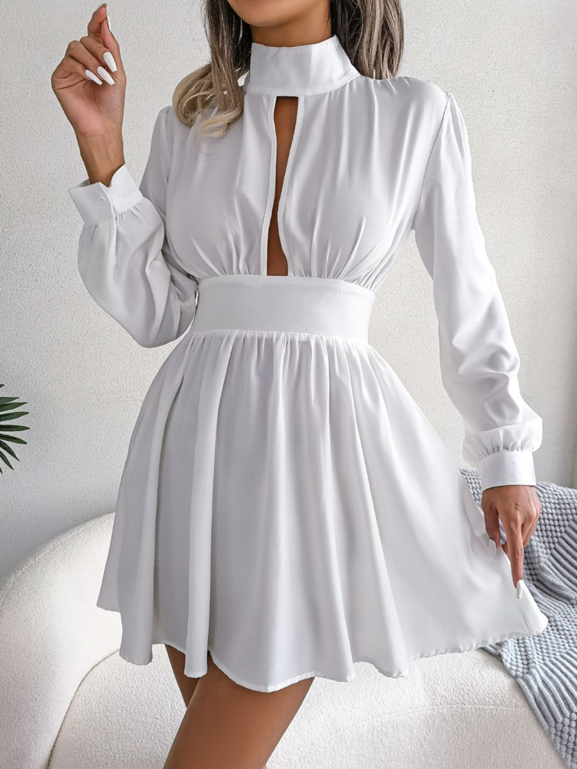 Ruched Keyhole Turtleneck Mini Dress