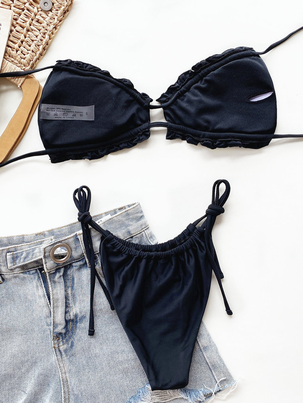 Frill Halter Neck Tie Side Bikini Set