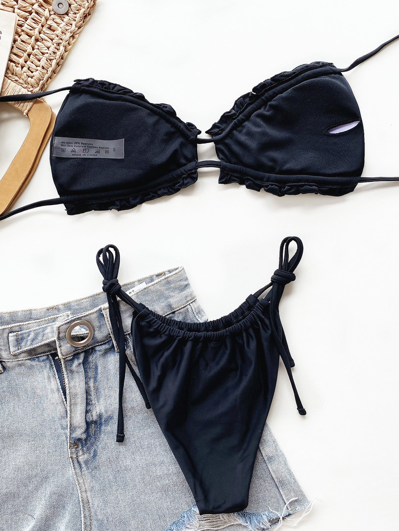 Frill Halter Neck Tie Side Bikini Set