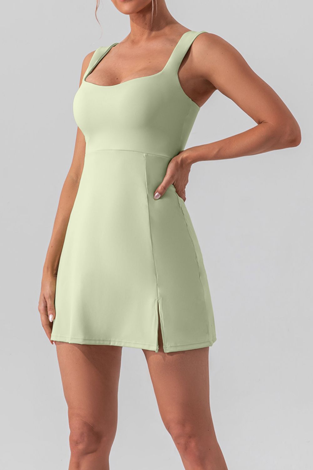 Square Neck Sleeveless Mini Active Dress with Slit – Available in Black, White, Gum Leaf, and Dusty Pink