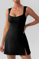 Load image into Gallery viewer, Square Neck Sleeveless Mini Active Dress with Slit – Available in Black, White, Gum Leaf, and Dusty Pink

