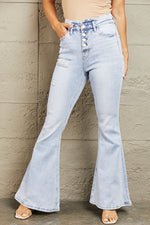 Load image into Gallery viewer, High Waisted Button Fly Flare Jeans Pants
