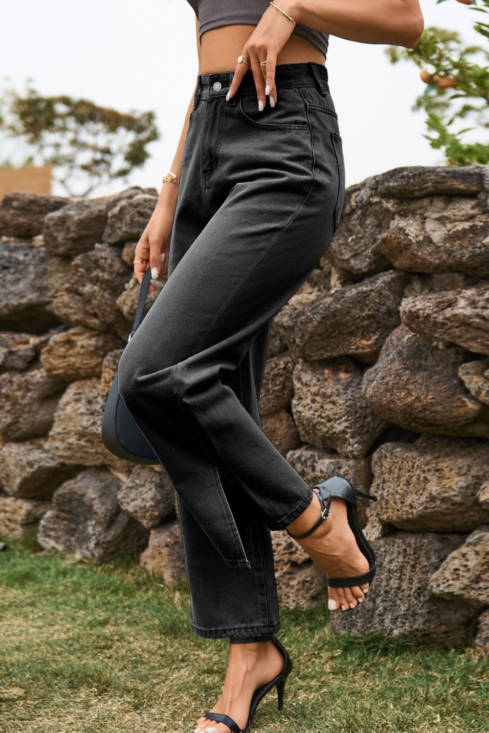 High Waist Loose Fit Ankle Slit Pants