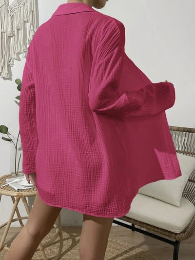 Dropped Shoulder Button-Up Top & Elastic Waist Shorts Set