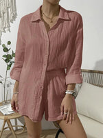 Load image into Gallery viewer, Dropped Shoulder Button Up Top and Elastic Waist Shorts Set
