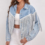 Load image into Gallery viewer, Fringe Detail Collared Neck Long Sleeve Denim Jacket
