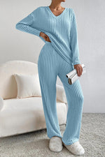 Load image into Gallery viewer, Ribbed V-Neck Top and Pants Set
