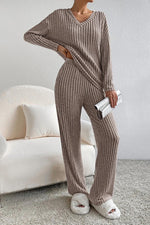 Load image into Gallery viewer, Ribbed V-Neck Top and Pants Set
