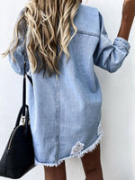 Load image into Gallery viewer, Raw Hem Collared Neck Long Sleeve Denim Jacket

