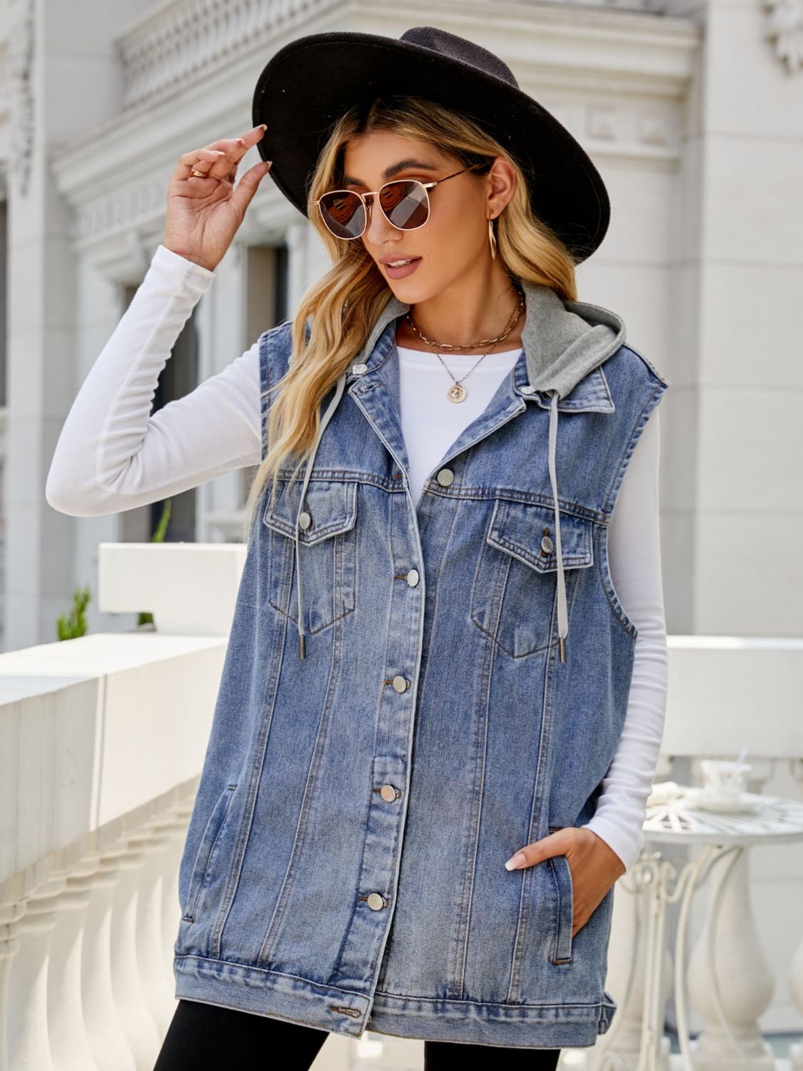 Drawstring Hooded Sleeveless Top with Pockets