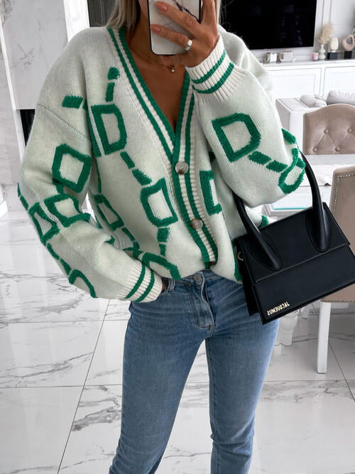 Geometric Dropped Shoulder Button-Down Cardigan