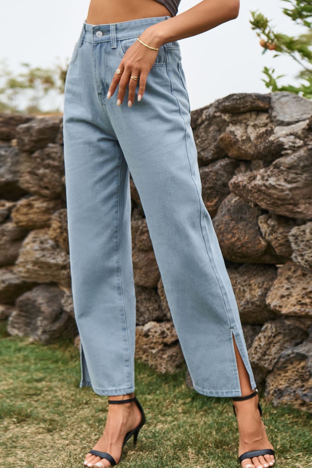 High Waist Loose Fit Ankle Slit Pants