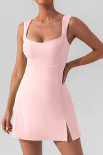 Load image into Gallery viewer, Square Neck Sleeveless Mini Active Dress with Slit – Available in Black, White, Gum Leaf, and Dusty Pink
