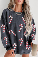 Load image into Gallery viewer, Sequin Candy Cane Round Neck Sweatshirt
