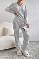 Load image into Gallery viewer, Ribbed V-Neck Lounge Set – Cozy Two-Piece Outfit for Everyday Comfort
