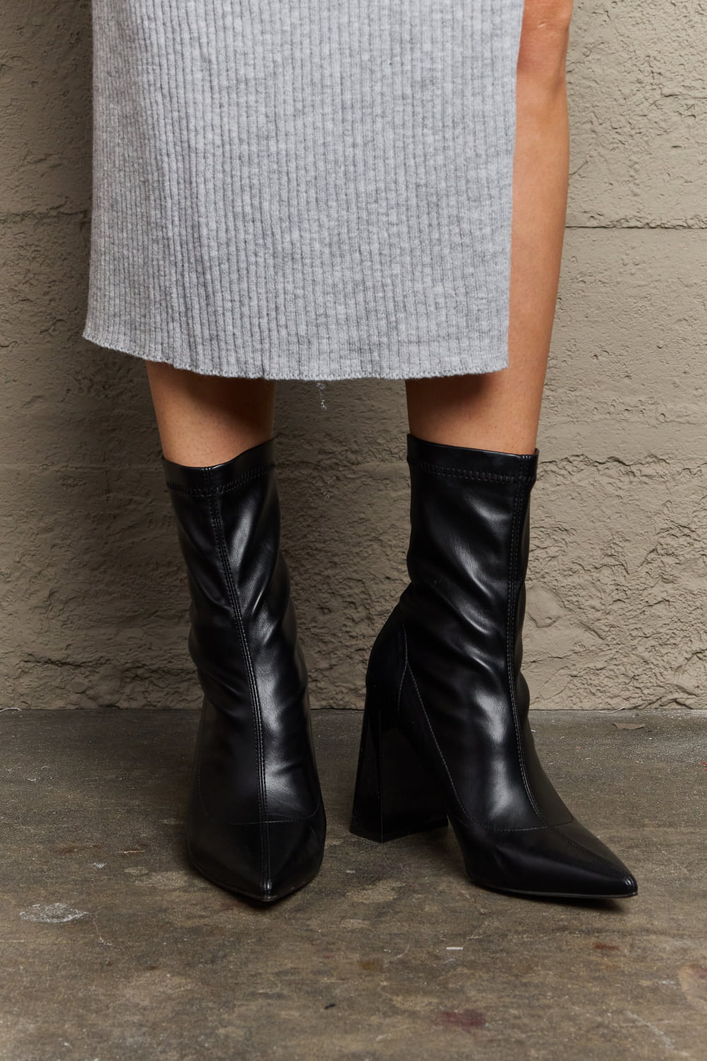 Stretch Faux Leather Sock Boots | Sculptural Block Heel Pointed-Toe Boots
