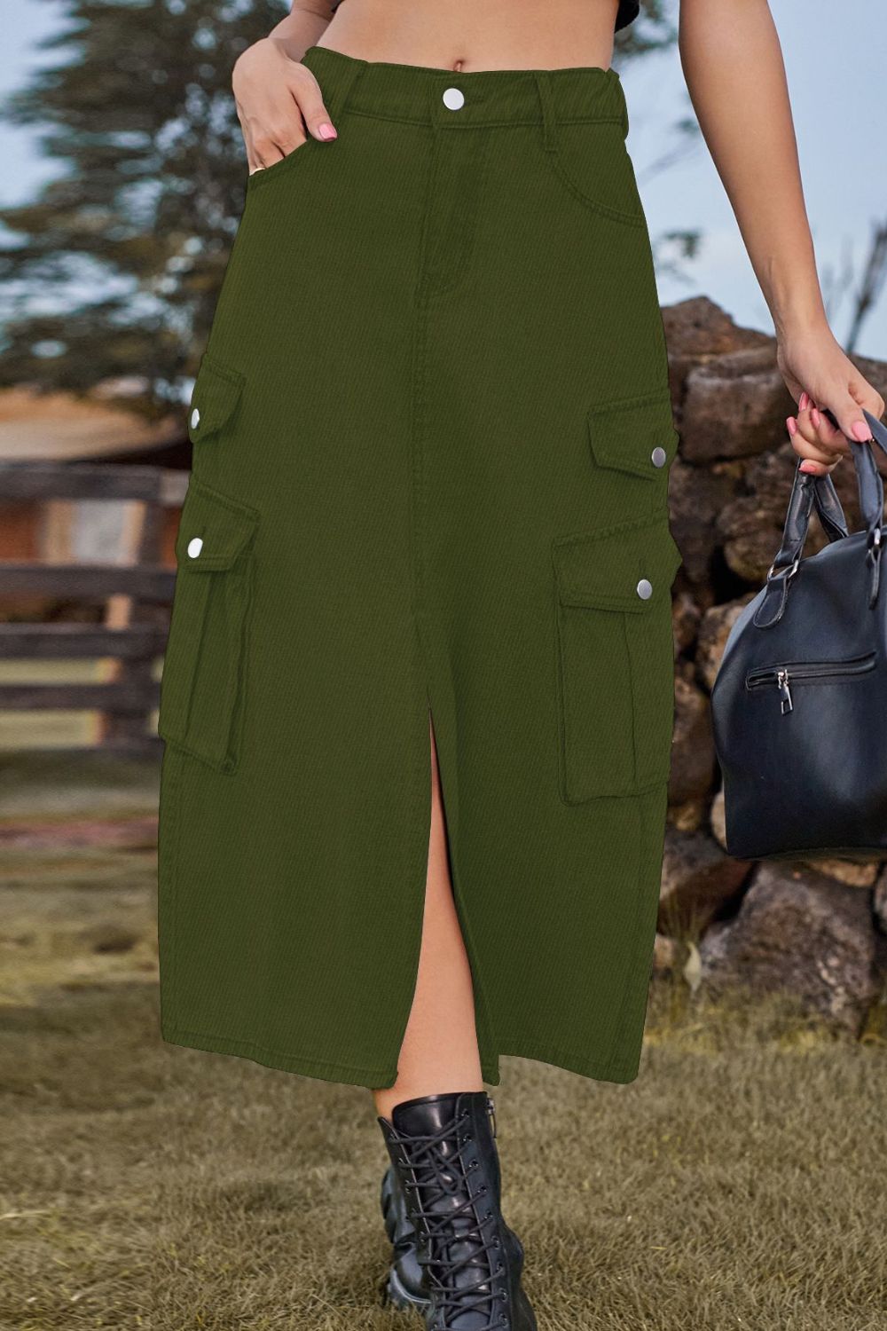 Slit Front Midi Skirt with Pockets