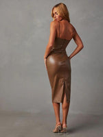 Load image into Gallery viewer, PU Slit Leather Midi Dress – Stylish Black &amp; Caramel Colors
