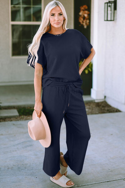 Textured Short Sleeve Top and Pants Set