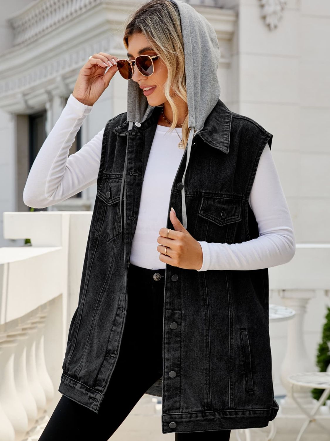 Drawstring Hooded Sleeveless Top with Pockets