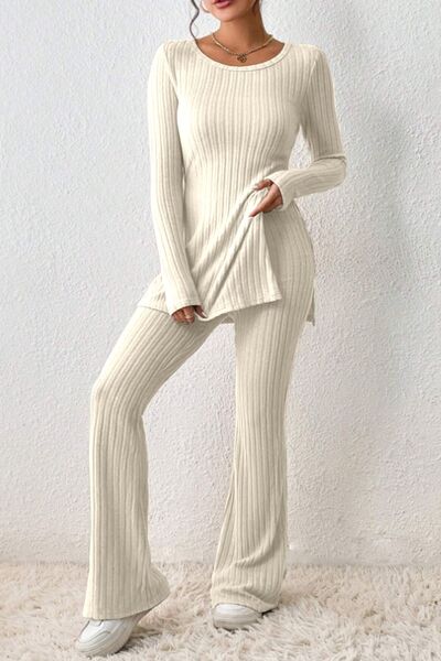 Ribbed Long Sleeve Slit Top & Bootcut Pants Set