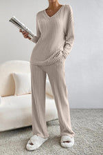 Load image into Gallery viewer, Ribbed V-Neck Top and Pants Set
