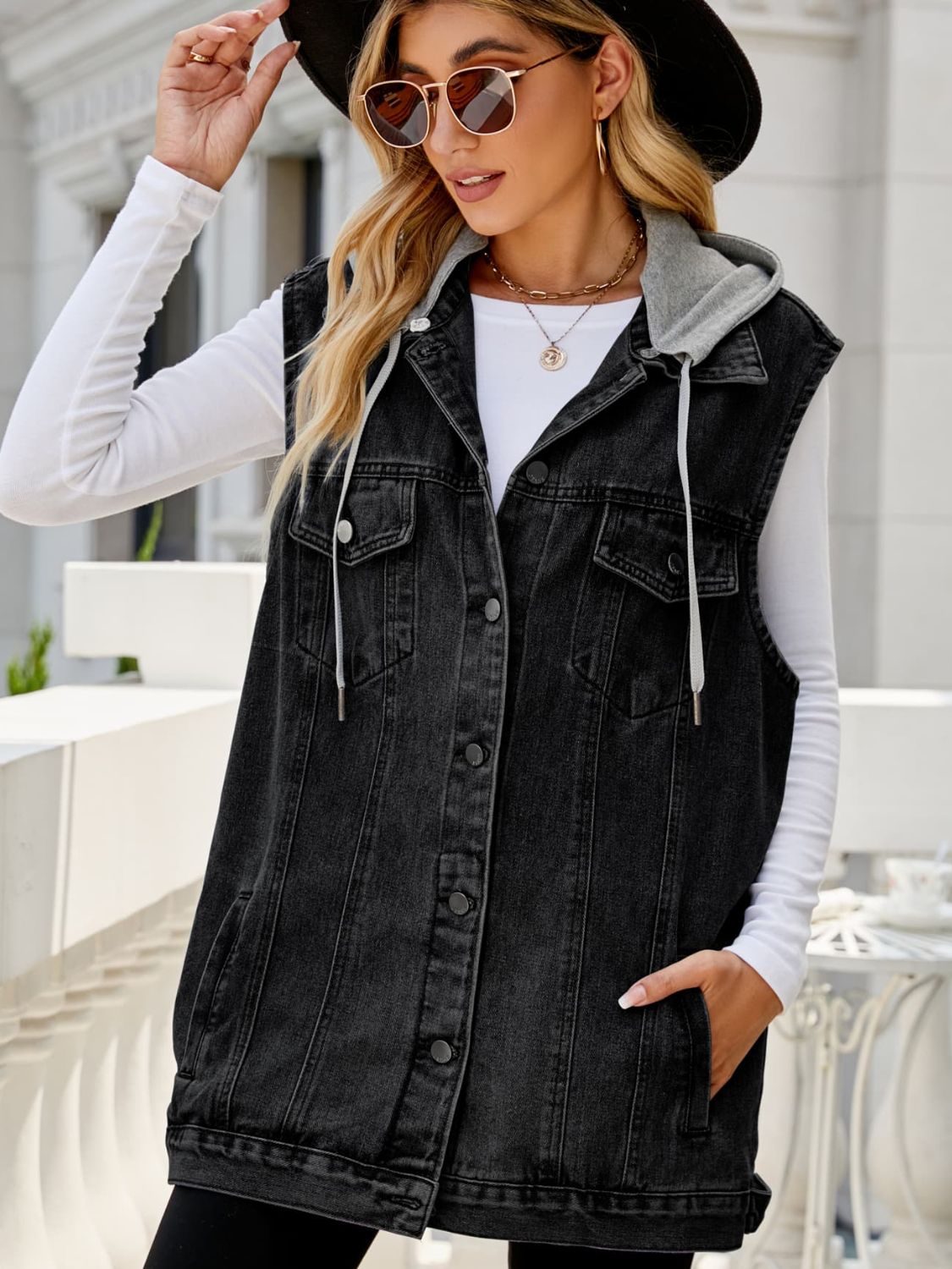 Drawstring Hooded Sleeveless Top with Pockets