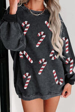 Load image into Gallery viewer, Sequin Candy Cane Round Neck Sweatshirt
