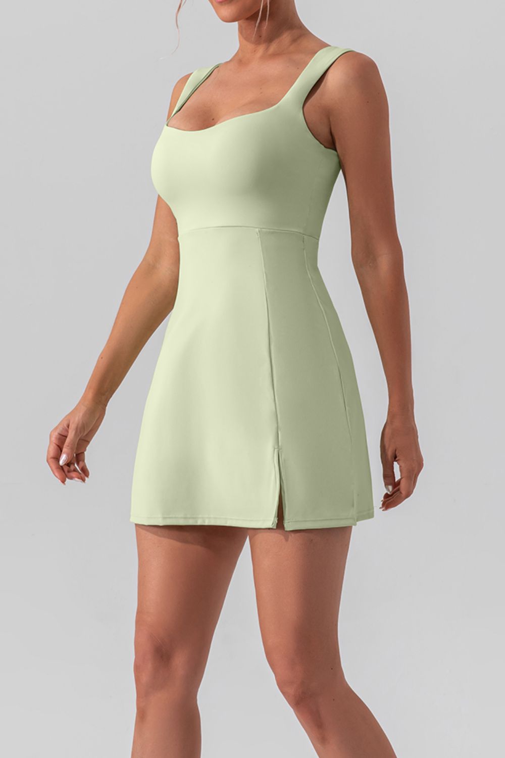 Square Neck Sleeveless Mini Active Dress with Slit – Available in Black, White, Gum Leaf, and Dusty Pink