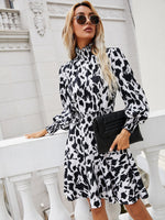 Load image into Gallery viewer, Printed Lantern Sleeve Turtleneck Dress
