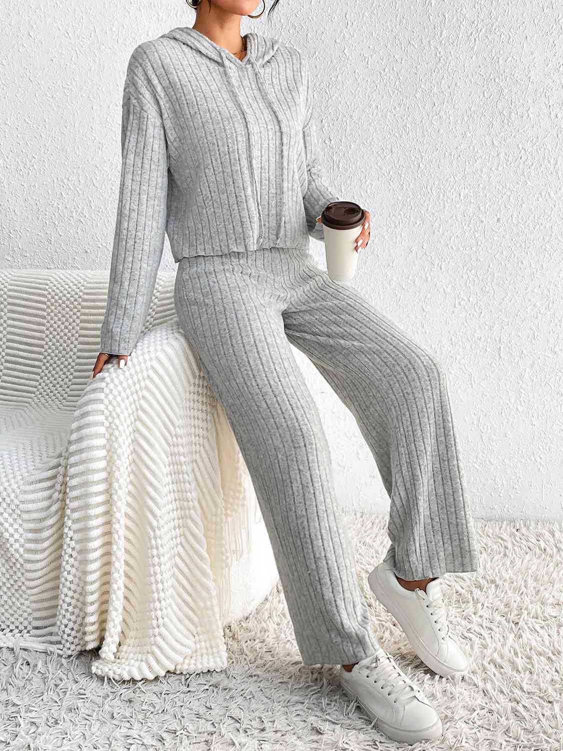 Ribbed Knit Cropped Hoodie & Wide-Leg Pants Set | Loungewear Co-ord