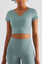 Load image into Gallery viewer, Notched Neck Short Sleeve Cropped Sports Top
