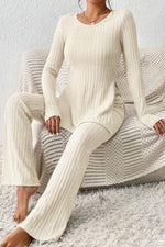 Load image into Gallery viewer, Ribbed Long Sleeve Slit Top and Bootcut Pants Set
