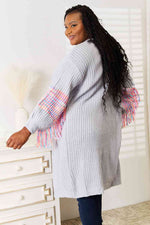Load image into Gallery viewer, Woven Right Fringe Sleeve Dropped-Shoulder Cardigan – Cozy Chic Fall Layer
