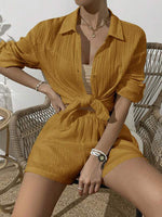 Load image into Gallery viewer, Dropped Shoulder Button Up Top and Elastic Waist Shorts Set
