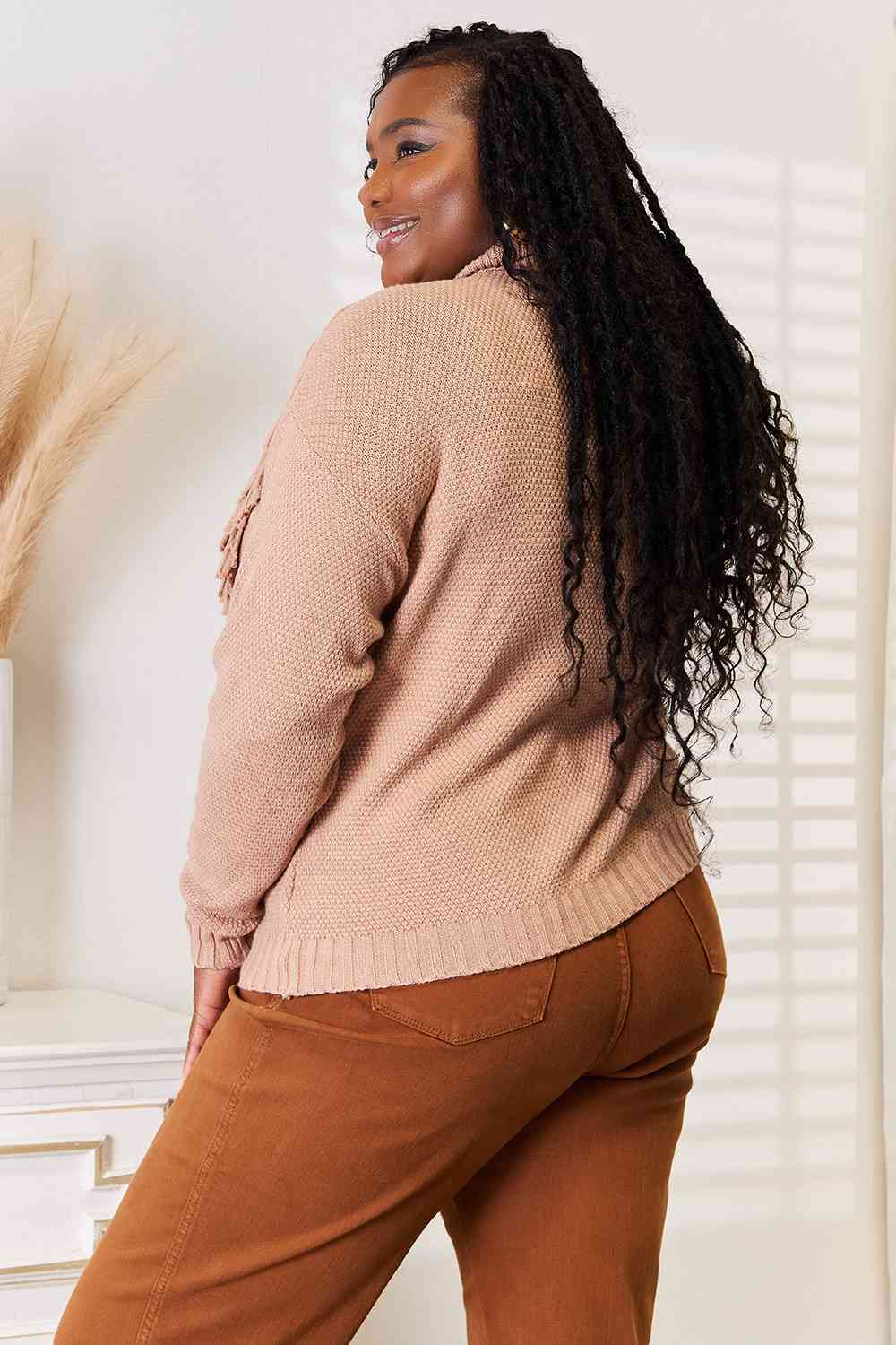 Fringe Front Turtleneck Sweater – Cozy Knit Long Sleeve