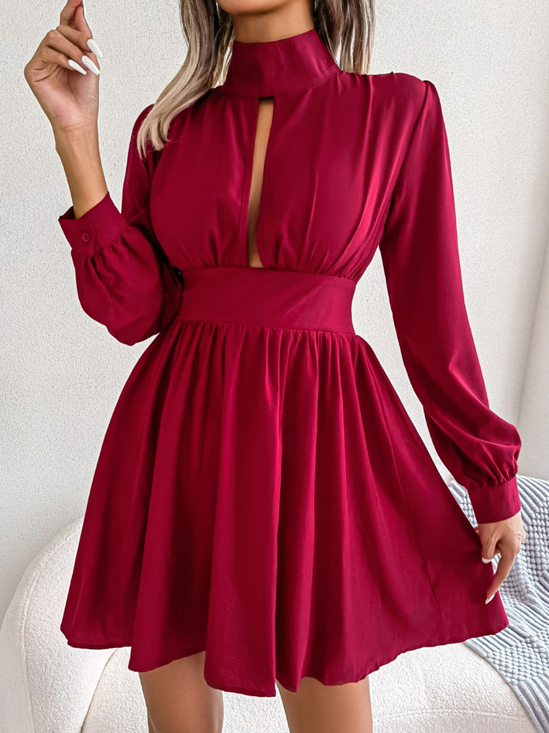 Ruched Keyhole Turtleneck Mini Dress